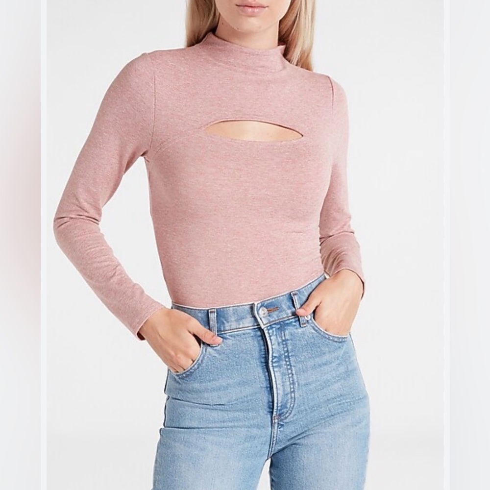 Express Body Contour Cozy Mock Neck Cut Out Pink Bodysuit. Size Small